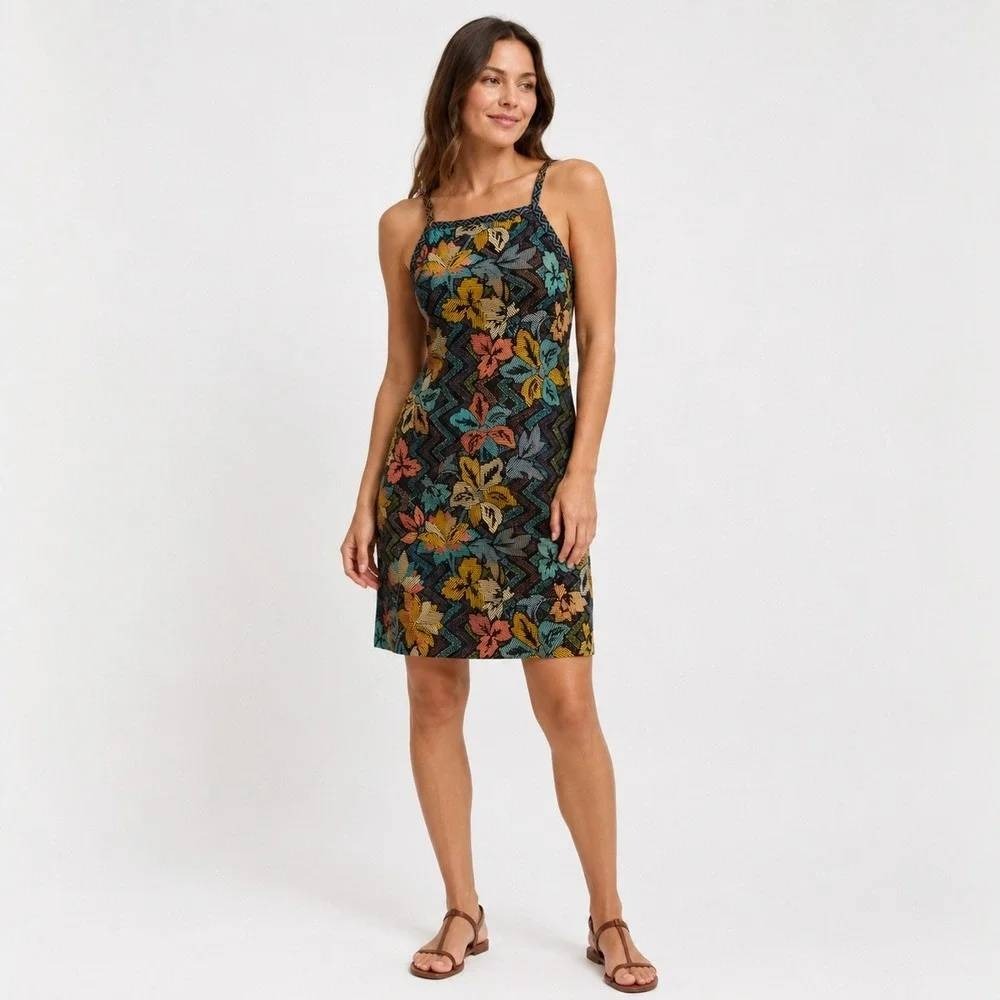 Prana Ardor Dress Medium Black Floral Strappy Back Active Summer Athleisure